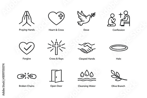 Christian symbols illustration: praying hands, heart, dove, confession, forgiveness, cross, peace