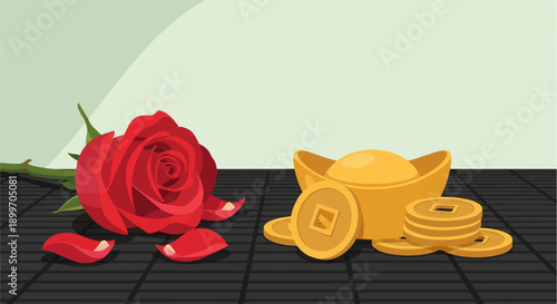 A red rose with fallen petals rests beside gold ingots and coins