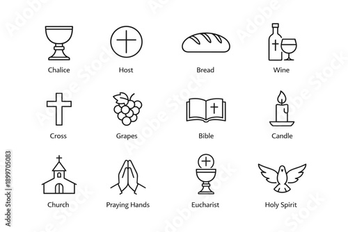 Christian symbols: chalice, cross, bible, eucharist, holy spirit icons