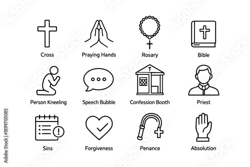 Christian symbols: cross, praying hands, rosary, bible, and more