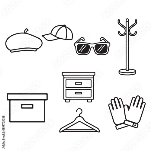Collection of black outline for clothing and storage beret baseball cap sunglasses