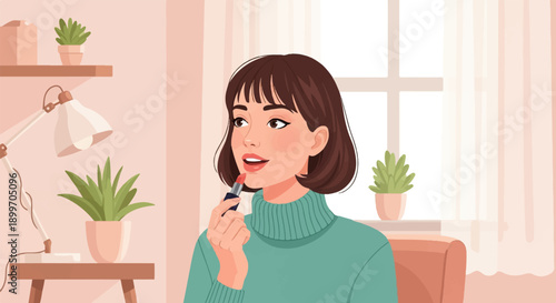 A young woman applies lipstick while sitting indoors next to a desk lamp and plants