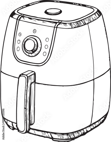 Air fryer Hand-drawn Sketch Drawing Vector Illustration, Line Linear Symbol Engraving for Coloring Book, Black and White, Isolated