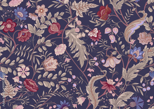 Ornate floral seamless pattern. Elegant hand-drawn botanical motif with intricate repeating layout for textile, wallpaper and decor, classic flowers and foliage create a refined vintage background.