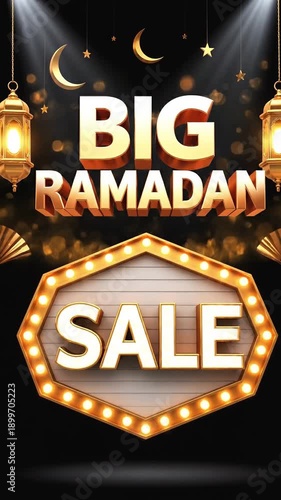 Wallpaper Mural Golden lanterns and stars hanging above a Big Ramadan Sale 3D sign with bright marquee bulbs and a reflective floor in a dark background Torontodigital.ca