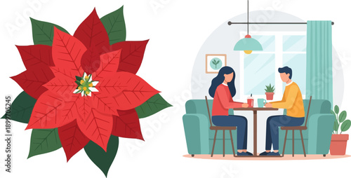 A red poinsettia flower sits next to a couple at a table in a cozy room