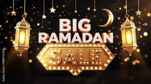 Wallpaper Mural Large white and orange letters for Big Ramadan Sale with golden stars and traditional lamps shining on a reflective dark black background Torontodigital.ca