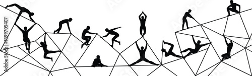 Silhouettes of people in dynamic poses on abstract geometric structure Keywords: silhouette, people, abstract, geometric