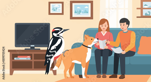 A couple and their dog enjoy a cozy living room with a woodpecker visitor