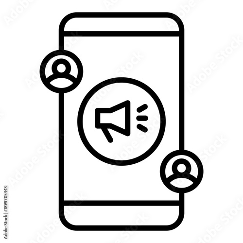Black line icon phone megaphone. Minimalist network marketing concept outline symbol.