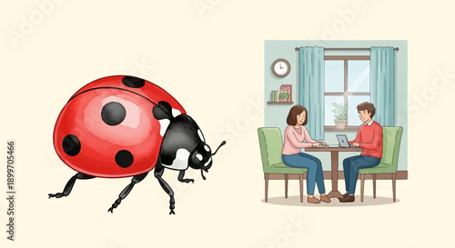 A ladybug near a couple working on a laptop at a table