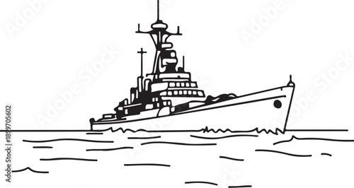 Battleship Hand-drawn Sketch Drawing Vector Illustration, Line Linear Symbol Engraving for Coloring Book, Black and White, Isolated