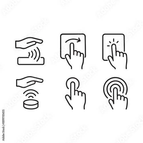 Set of six black and white line depicting hand gestures and touch interactions swipe