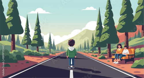 A young person stands on a highway, looking towards mountains. Two people sit