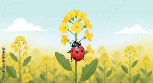 A red ladybug rests on a tall stalk of yellow flowers with a soft sky