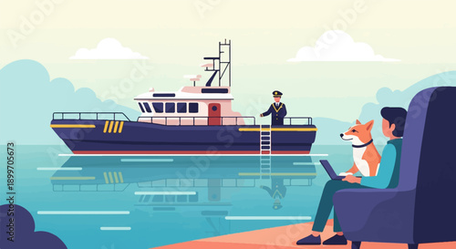 A man and his dog relax by the water with a ship and captain nearby