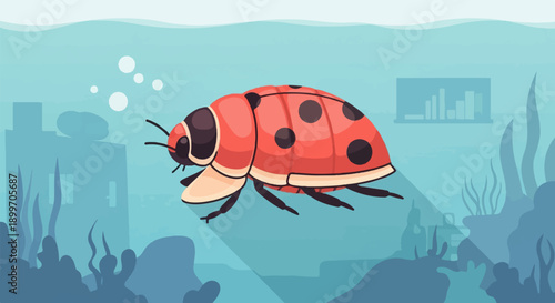 A ladybug swims underwater amidst coral and strange structures