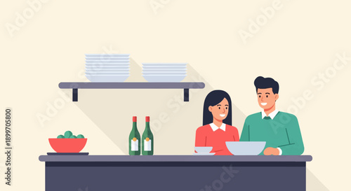 A man and woman are at a counter with dishes, bowls, and bottles