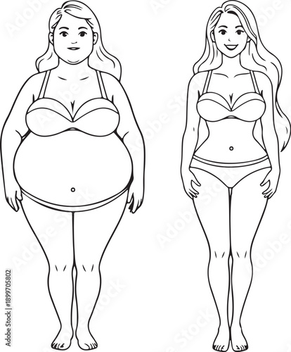 Before VS After Diet Weight Loss (Overweight, Obese and Slim, Skinny) Hand-drawn Sketch Drawing Vector Illustration, Line Linear Symbol Engraving for Coloring Book, Black and White, Isolated