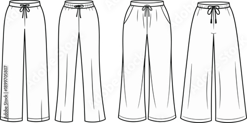 Women wide leg pants outline collection, casual fashion trousers line art set, clothing apparel design, modern outfit vector illustration