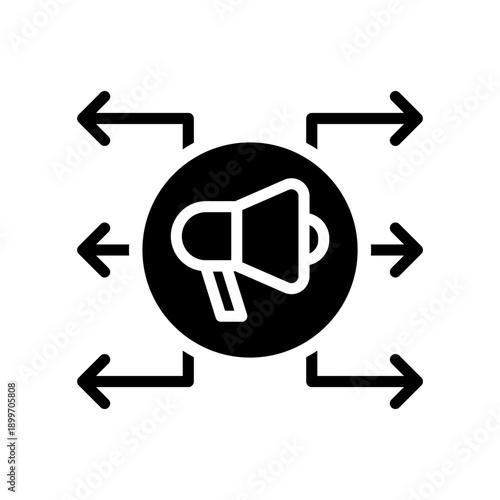 Black Solid icon megaphone arrow. Minimalist network marketing concept silhouette symbol.