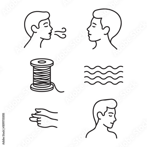 Man blowing air at another man and thread spool waves hand man profile hand pointing