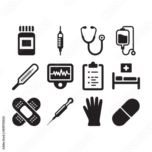 Black medical including stethoscope pill bottle thermometer and syringe medical healthcare