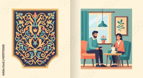 A man and woman are sitting in a cozy room with a dog on the table