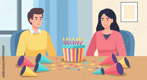 A man and woman celebrate with a cake and party hats