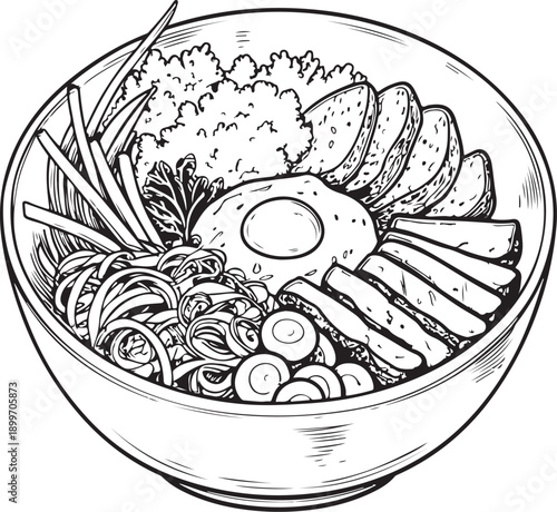 Bibimbap (Korean Dish) Hand-drawn Sketch Drawing Vector Illustration, Line Linear Symbol Engraving for Coloring Book, Black and White, Isolated