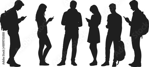 Silhouettes of Six Young People Using Smartphones on White Background women