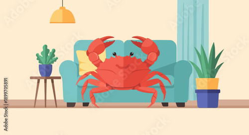 A red crab sits on a teal couch with plants and a lamp