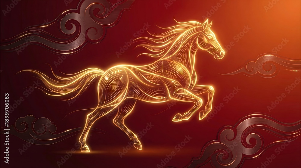 Fototapeta premium Glowing Golden Light Horse Running on Red Background Chinese New Year 2026 Concept