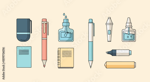 Assorted stationery items including pens, notebooks, and ink bottles