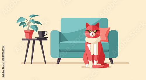A red cat with glasses and a scarf sits near a couch and plant