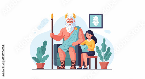 Ancient deity with laurel wreath and woman on tablet, seated indoors