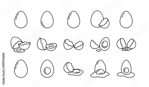 Egg and broken egg outline icon vector set with black line food symbols isolated on white