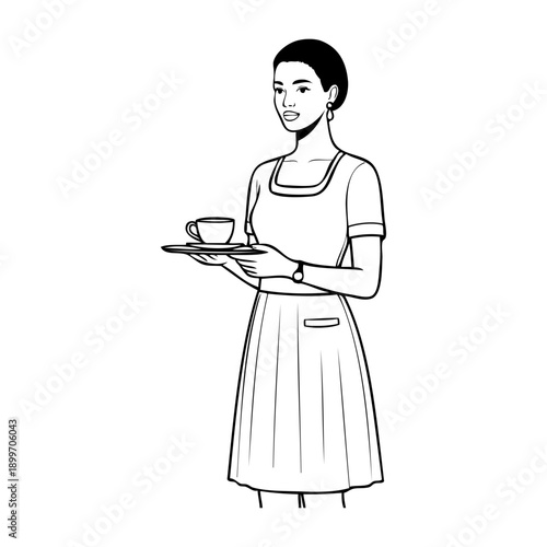 Dibujo con líneas de una mujer con uniforme de camarera, llevando una bandeja con una taza de café en un plato