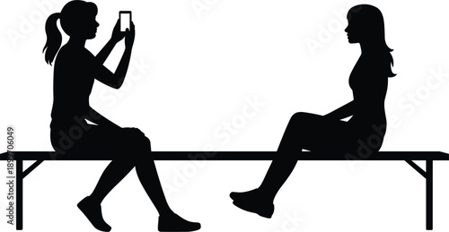 Silhouettes of two women sitting on a bench, one taking photo with phone on white background girls people
