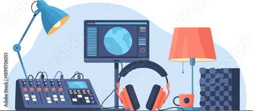 A desk with audio equipment, a lamp, and a computer displaying a globe