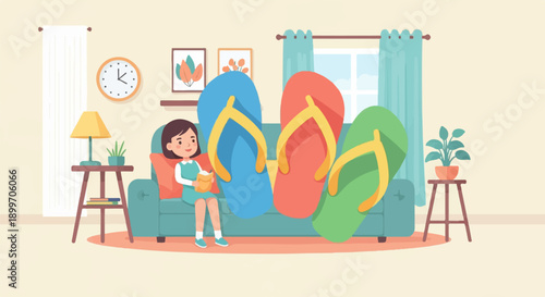 A young girl reads a book on a couch with large flip-flops behind her