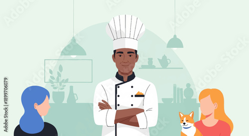 Chef with guests and a dog in a modern kitchen setting