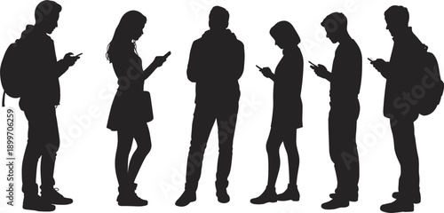 Silhouettes of young people looking at their smartphones on a white background youth teenagers