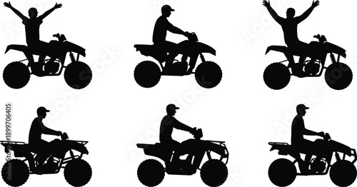 Six silhouettes of people riding AT Vs in various poses on a white background Keywords: ATV, quad bike, rider, silhouette