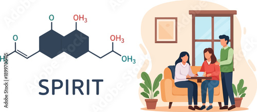 Chemical molecule beside people relaxing in a living room