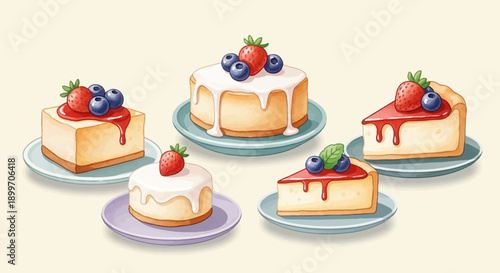 A variety of delicious cheesecakes topped with fresh strawberries and blueberries