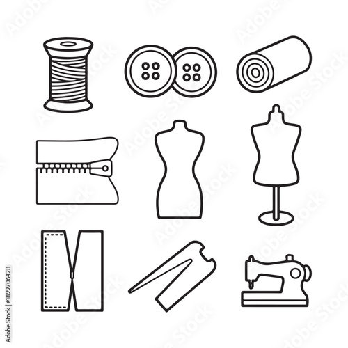 Sewing and tailoring including thread spool buttons fabric zipper mannequins needlework