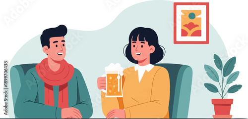 A man and woman enjoying drinks in a cozy indoor setting with art