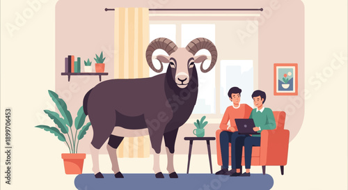 A ram with large horns stands in a living room with two men using a laptop