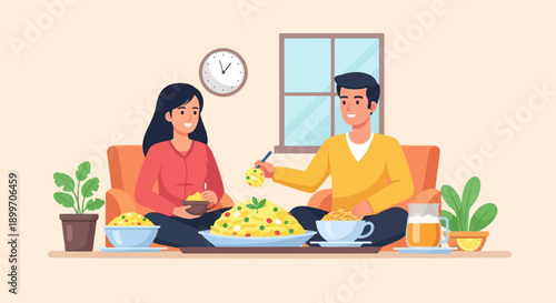 A man and woman enjoy a meal together, sitting on a sofa with food and drinks